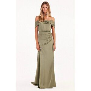 MILLA maxi dress satin off the shoulder ruched waist slipdress olive green S